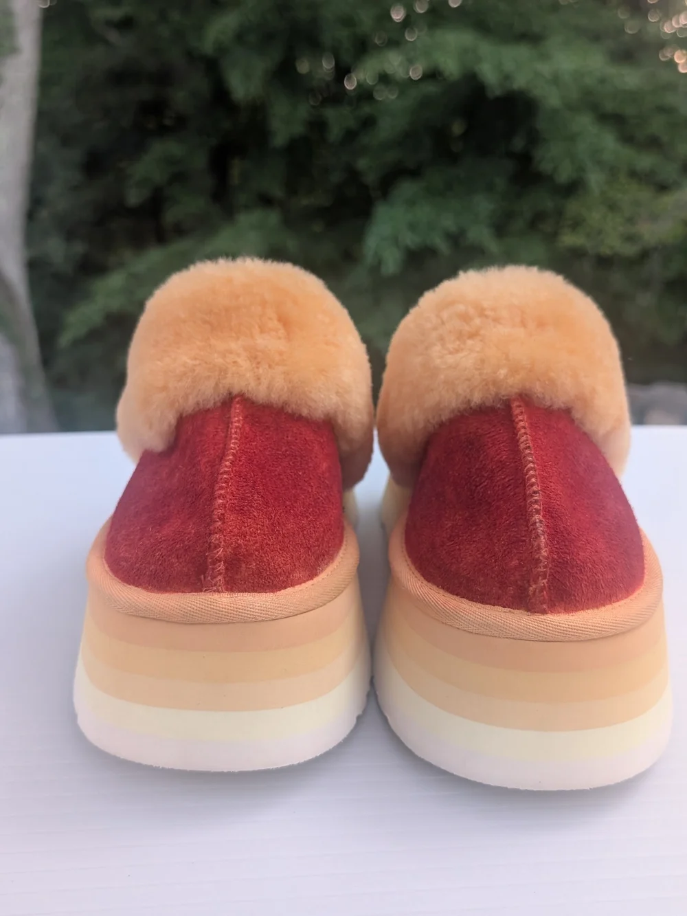 UGG Two-Tone Platform Slide in Orange Faux Fur and Orange Red Upper 7